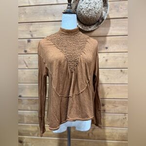 New Romantics Free People Caramel Smocked High-Neck Blouse XS